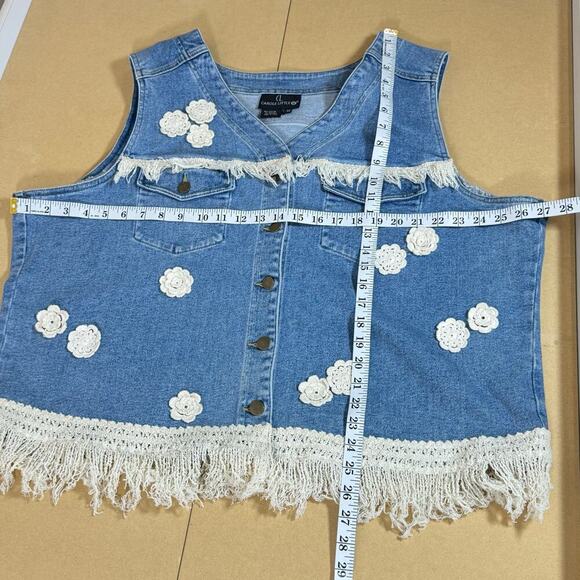 VTG Carole Little Plus Size Vest Denim Crochet Fringe 22 Cottage Western 90s - Picture 7 of 7